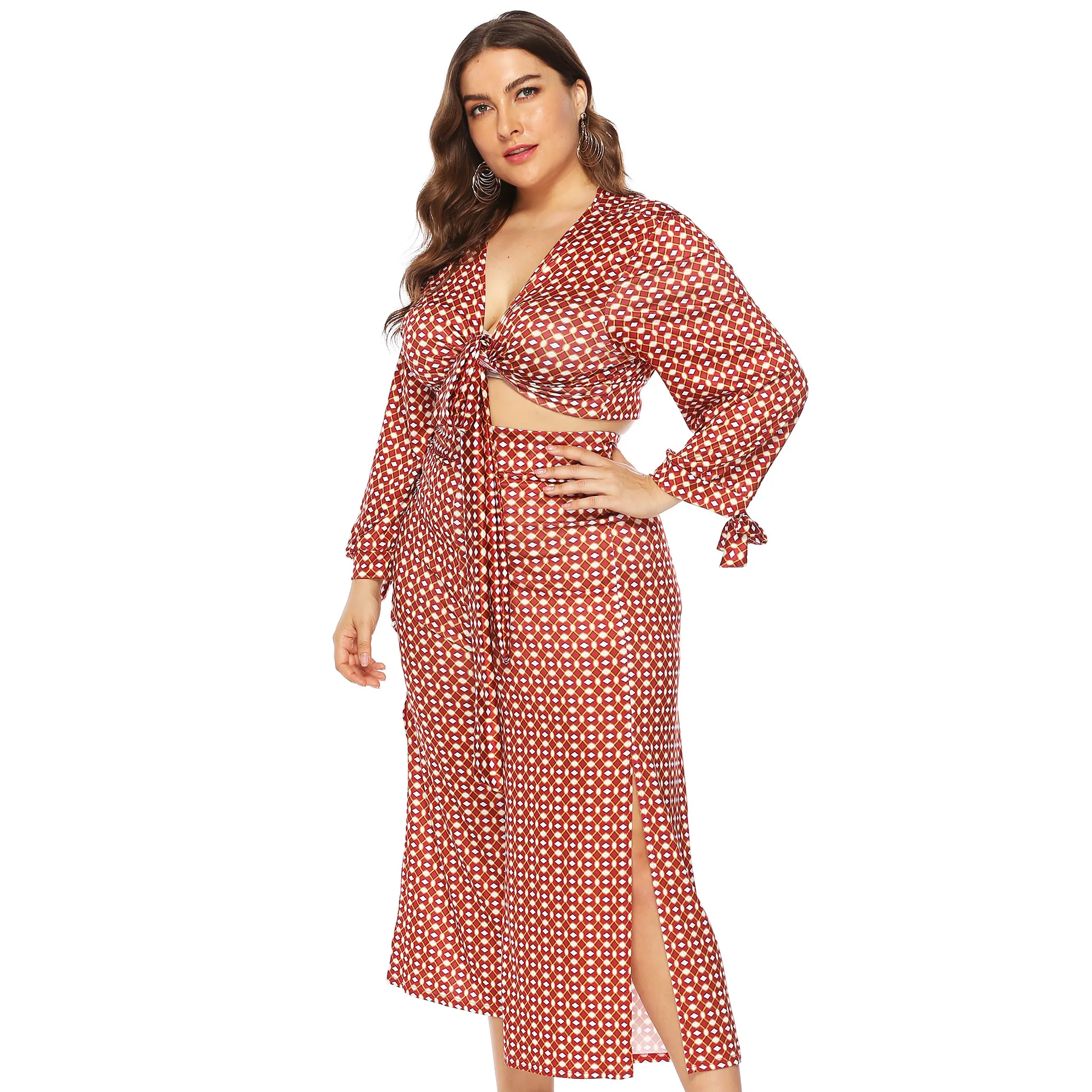 Большой Женский Бандаж с принтом в горошек длинным рукавом разрезом Капри Модный