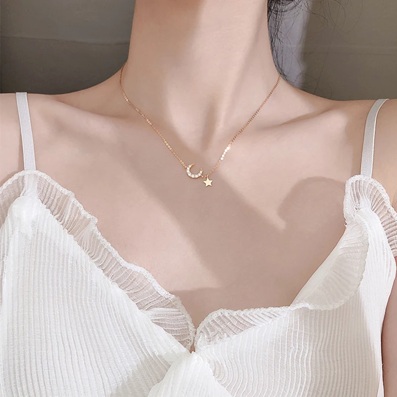 

Cute Moon Star Gold Crystal Necklace For Women Girls Wedding 2020 Trend 925 Sterling Silver Fashion Jewelry Valentines Day Gift