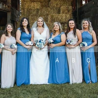 sky blue grey chiffon bridesmaid dresses 2021 v neck cap sleeve lace top one shoulder halter side split wedding party dresses