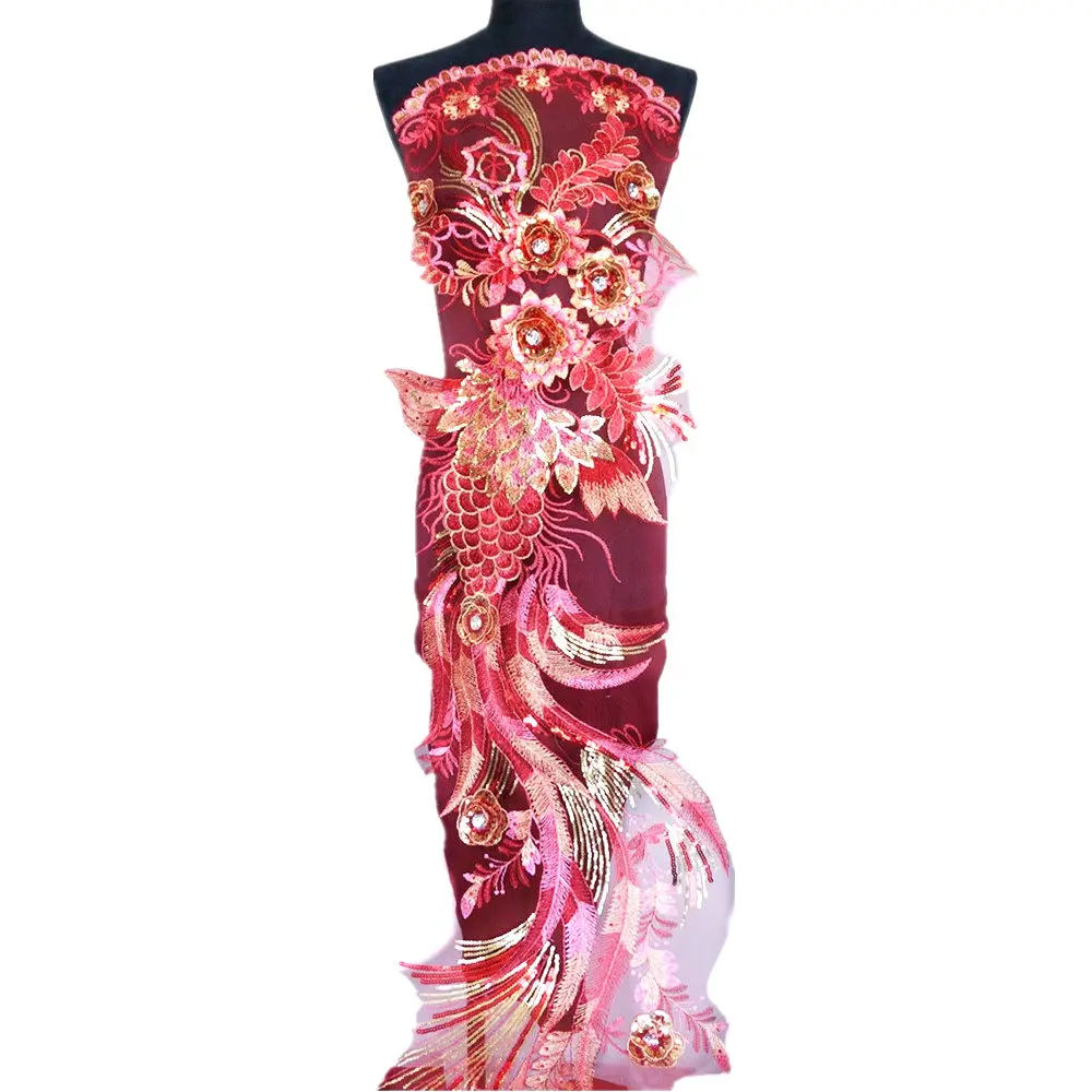 Кружевная ткань 130 см с красным Фениксом павлином блестками цветочной вышивкой