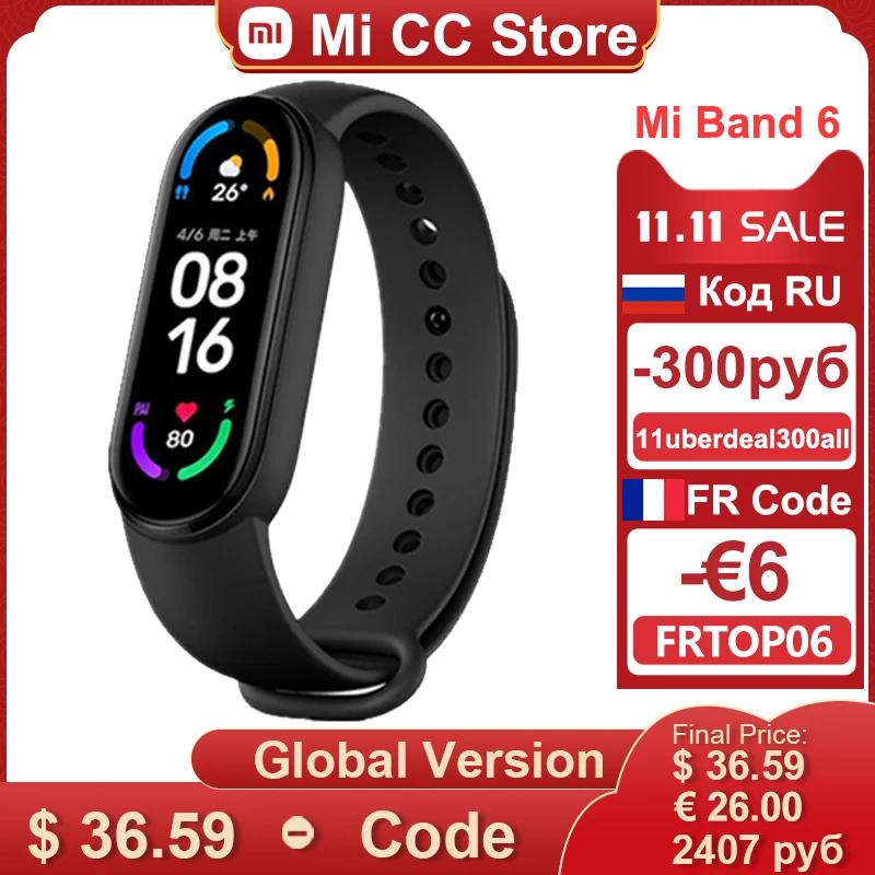 

In Stock Xiaomi Mi Band 6 Global Version 1.56" AMOLED Display Blood Oxygen Fitness Traker 5ATM Waterproof Smart Miband 6