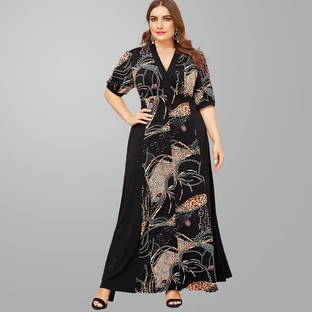 Summer Printed Bohemian Long Dress Abaya Muslim Casual Loose Plus Size Maxi Arab Jilbab V-neck Short Sleeve Robe Islamic Vestido