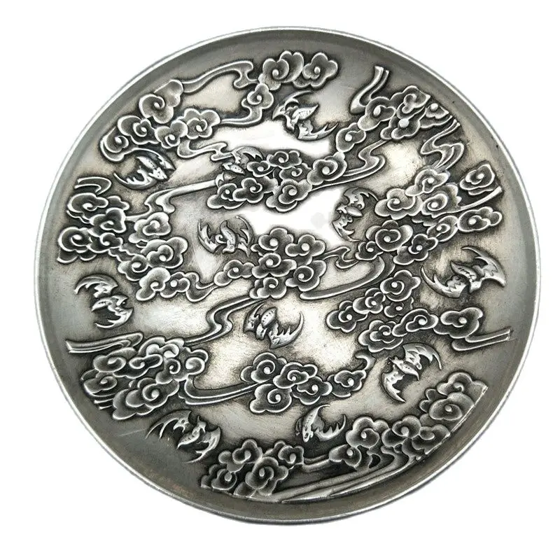 

China old Carved Tibetan silver writing-brush washer Chinese Dragon plates