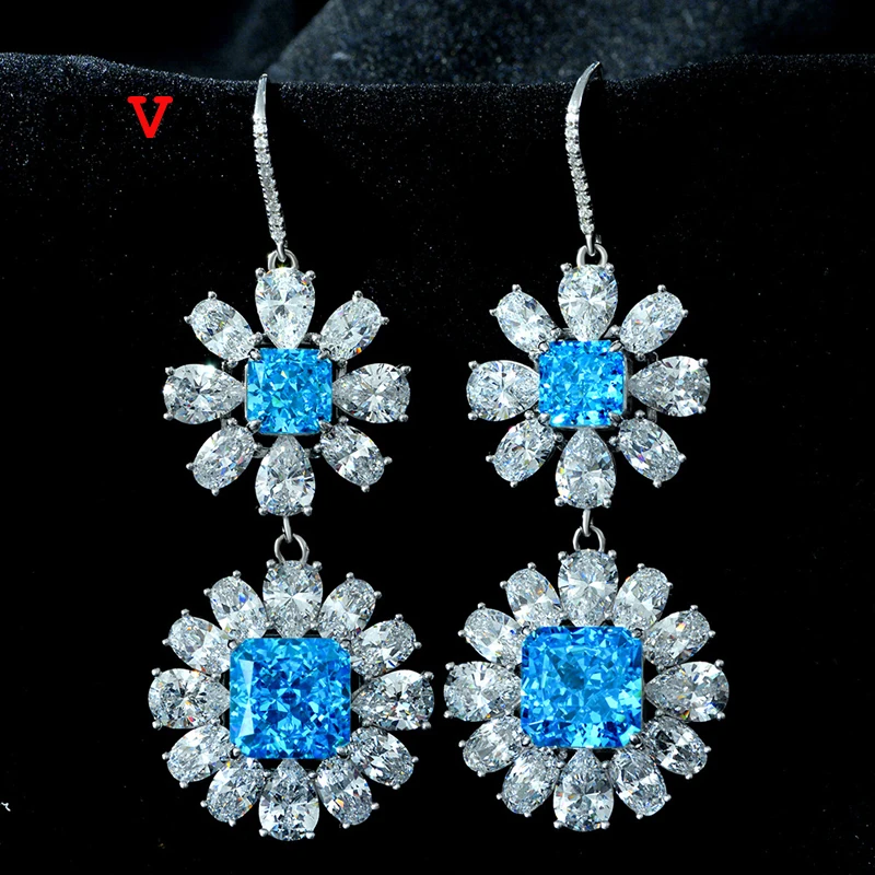 Review OEVAS 100% 925 Sterling Silver 10*10mm Aquamarine Orange Yellow High Carbon Diamond Drop Earrings For Women Party FIne Jewelry