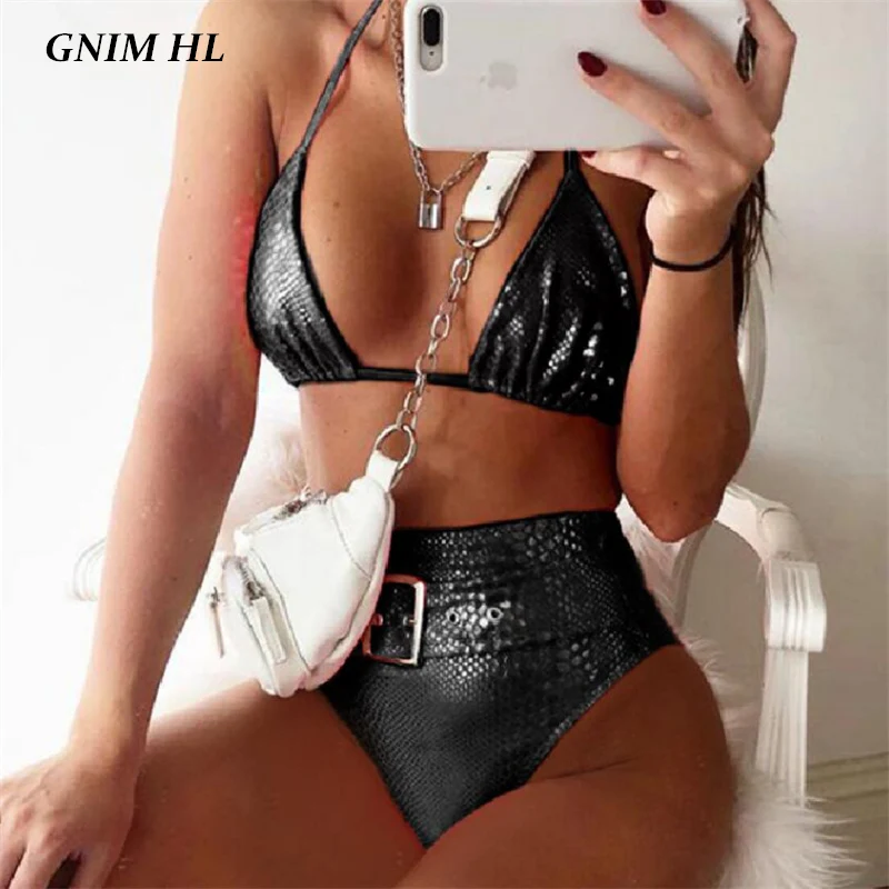 GNIM купальник с высокой талией женский две части искусственная кожа бикини Mujer 2020