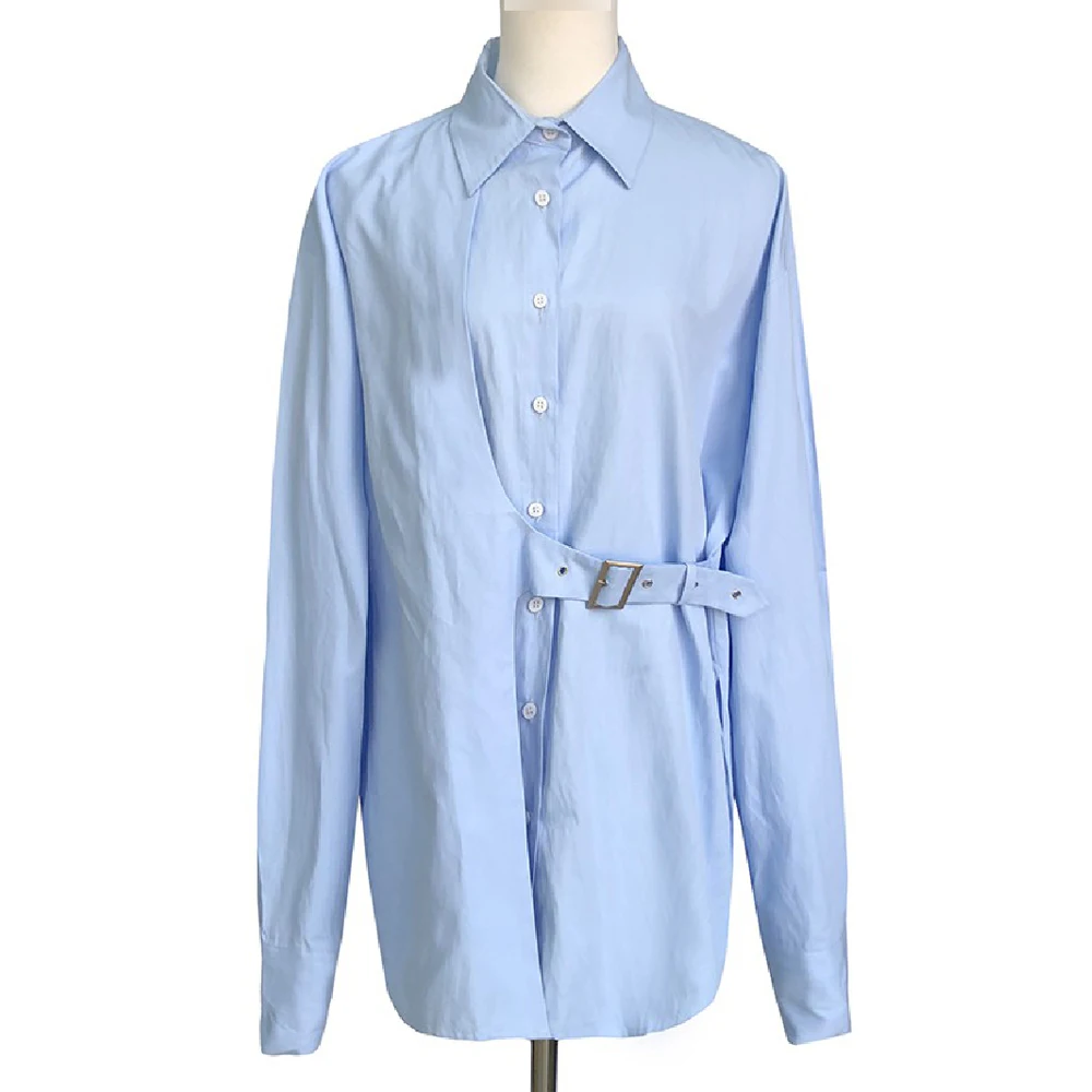 Однотонные модные дизайнерские топы в простом стиле рубашки средней длины с