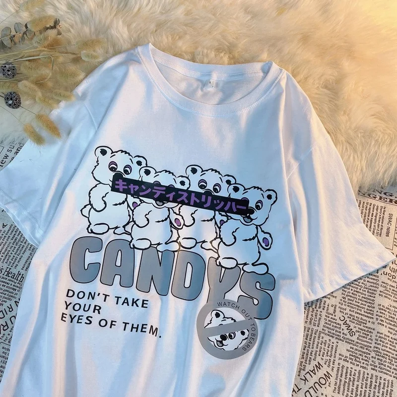 

White Bear Print Pure Cotton T Shirt Women Summer Oversized T-shirt O-neck Short Sleeve Vintage Casual Tops Tee Brand Streetwear