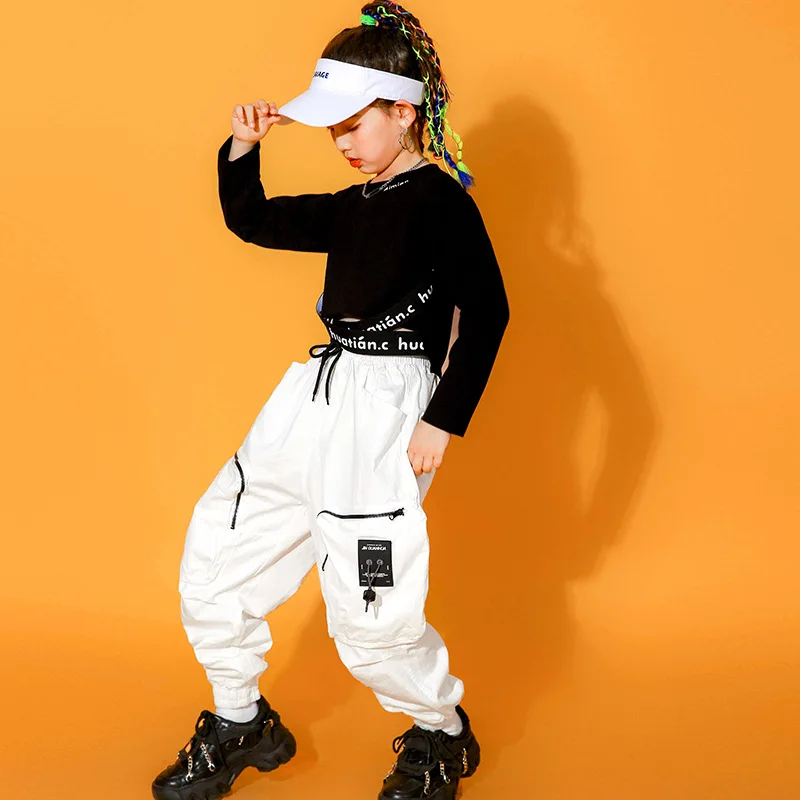 Kid Kpop Hip Hop Clothing Black Sweatshirt Crop Top White Streetwear Cargo Jogger Pants for Girls Jazz Dance Costume Clothes
