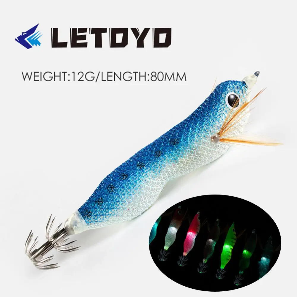 

12g 80mm Lead Sinker Luminous Lifelike Wood Shrimp Lures Squid Hook Fishing Tackle Octopus Bait