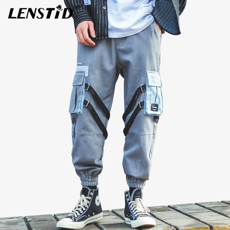 LENSTID Harajuku хип карго брюки уличная мужские джоггеры 2019 лента большие шаровары с