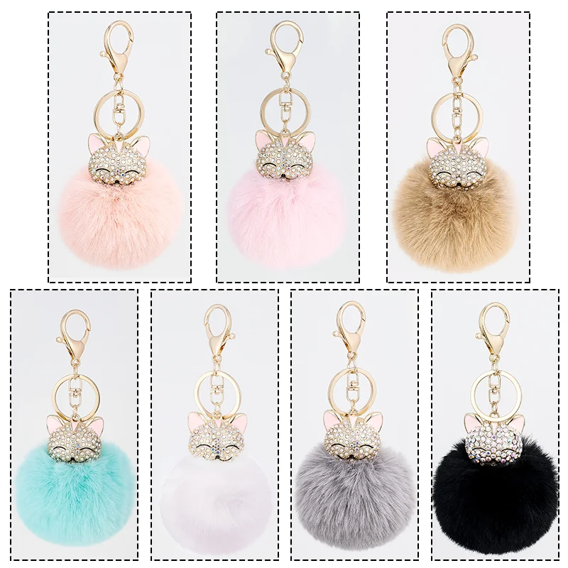 

Multicolor 8CM plush children's gift key chain ladies bag pendant accessories cute rhinestone alloy fox key chain pendant