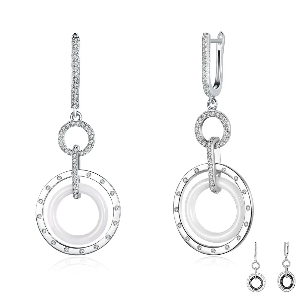 

ZEMIOR Simple Double Circle Ceramics Drop Earring Dazzling Zircon Earrings Women Valentine's Day Sterling Silver 925 Jewelry
