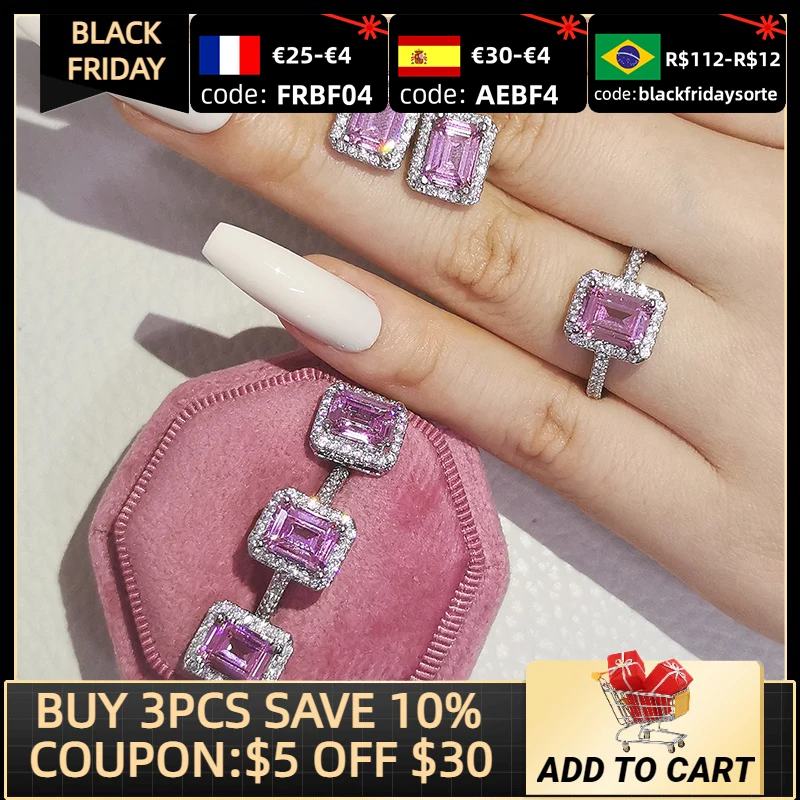 

2pcs Pack 925 Sterling Silver Jewelry set halo Engagement ring round stud earring for Wedding christmas gift party J4743-pink