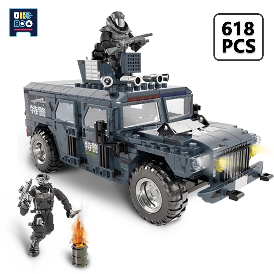 

UKBOO 618PCS City SWAT Army Soldier Truck Military Model Building Blocks Saber-Toothed Tiger Armored Vehicle Weapon Car Toys Kid