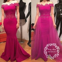 women off shoulder fuchsia lace appliques long prom evening gowns 2018 long mermaid detachable skirt mother of the bride dresses