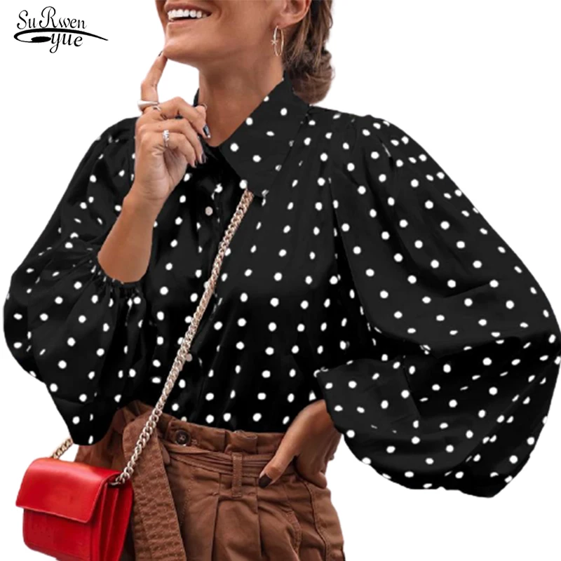Autumn Polka Dot Shirt 4XL Celmia Long Lantern Sleeve Lapel Neck Elegant Office Ladies Stylish Tops Plus Size Women Blouse 12372