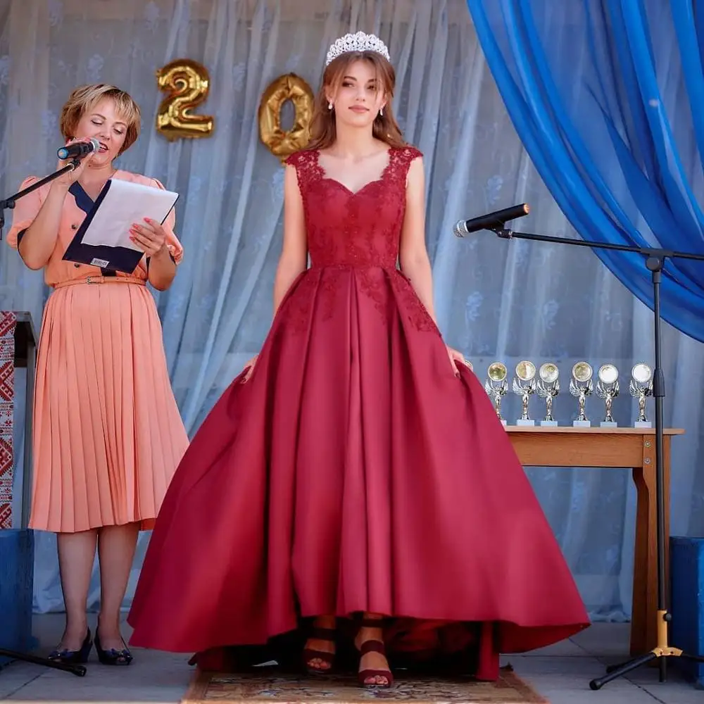 

HONGFUYU Sweetheart Prom Dresses Long 2021 Cap Sleeve Evening Dress Party Gowns With Appliques Satin vestidos de fiesta de noche