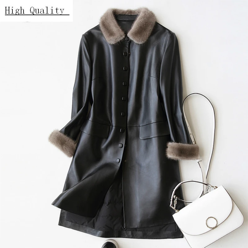 Женская длинная куртка из натуральной кожи с воротником меха норки LWL1258|Кожаные