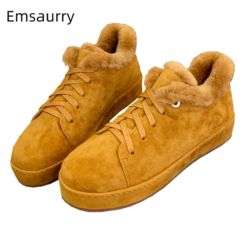 

Роскошные зимние сапоги из натуральной шерсти с мехом женские замшевые короткие сапоги на плоской подошве с круглым носком и перекрестной шнуровкой для девочек на осень-зиму