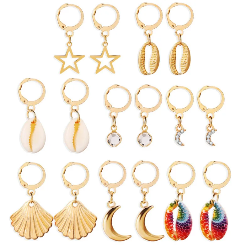 

VILAGE New 2021 Creative Fashion Scallop Star Moon Shell Earring Set 8Pair Set Boho Party Jewelry