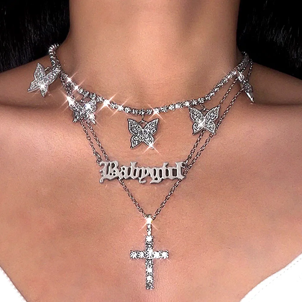 

Silver Color Multilayered Babygirl Letter Gun Pendant Necklace for Women Punk Pistol Figaro Chain Chokers Gothic Fashion Jewelry