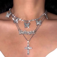 silver color multilayered babygirl letter gun pendant necklace for women punk pistol figaro chain chokers gothic fashion jewelry