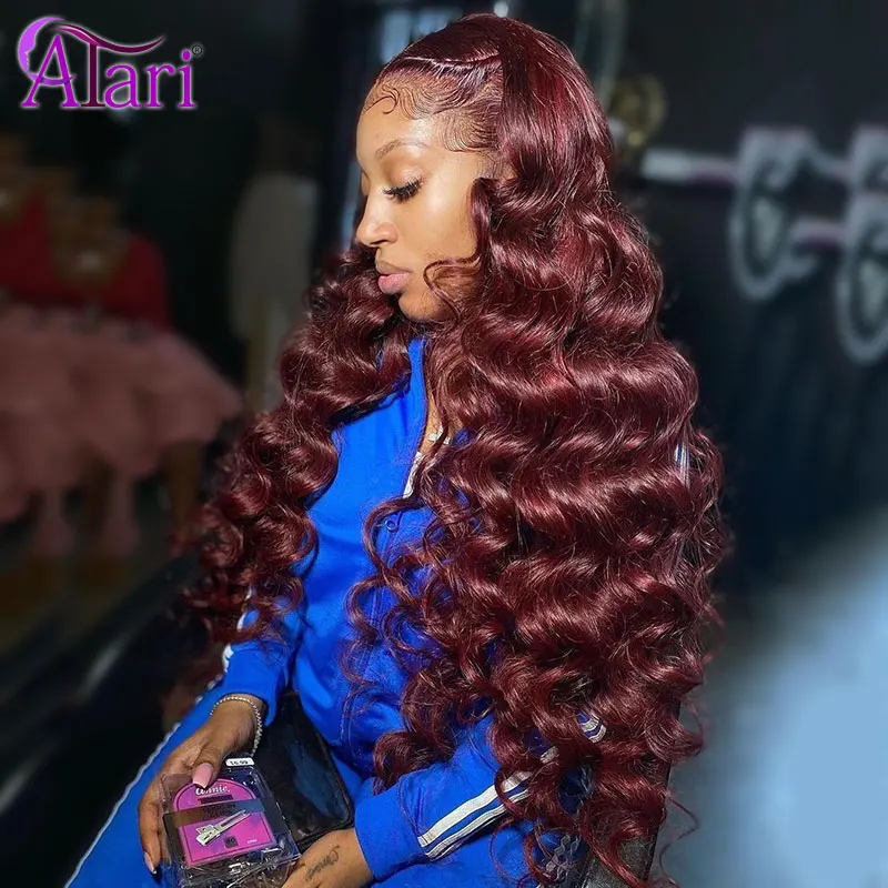 Atari Burgundy 99J Loose Deep Wave Lace Front Wig Brazilian Virgin Curly Human Hair Wigs Pre Plucked Transparent Wigs for Women