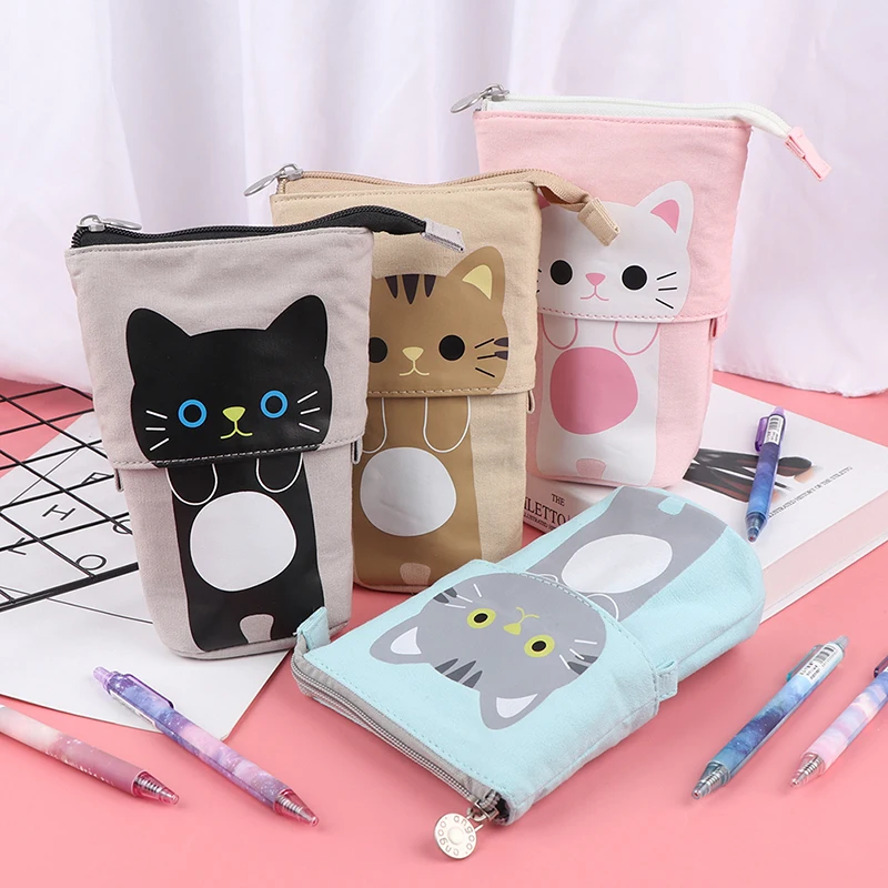 

Корейская Милая Канцелярия многофункциональный выдвижной держатель для ручки, рисунок с котом из плотной ткани кавайный чехол для каранда...