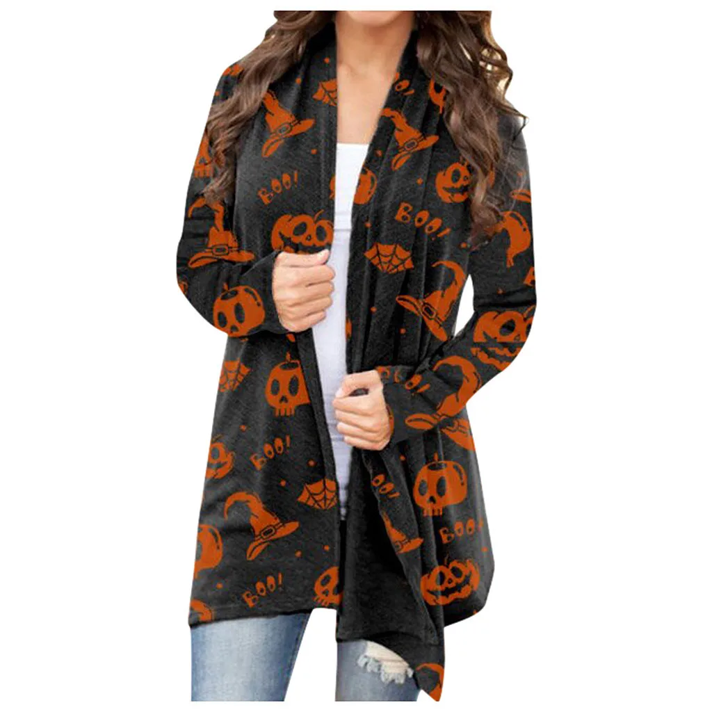 

TELOTUNY Fashion Women's Coat 2021 New Halloween Animal Cat Pumpkin Print Cardigan Autumn Winter Casual Midi Open Front Jackets