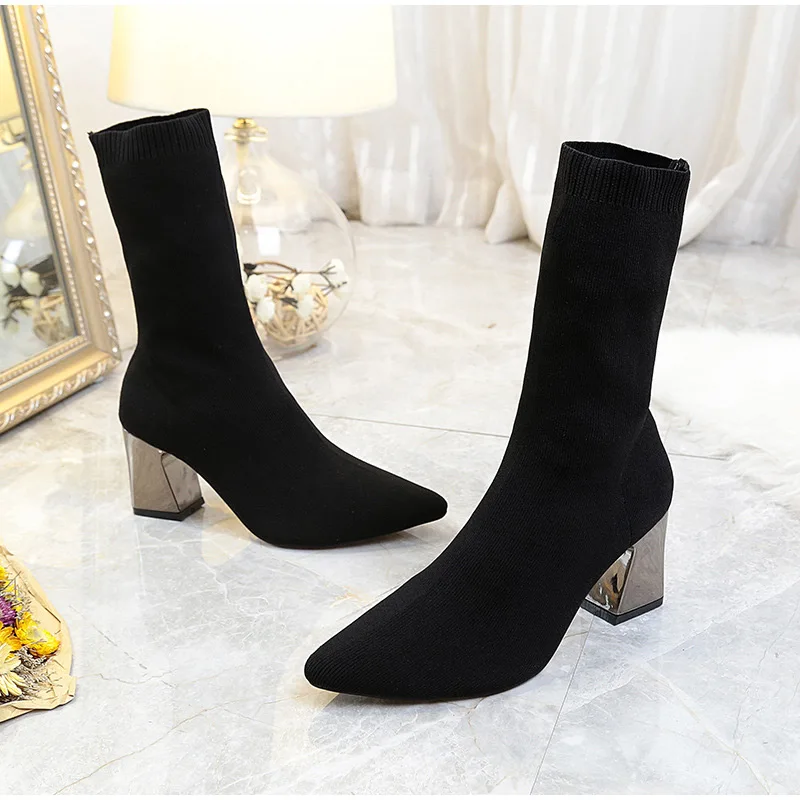 

2020 New Ankle Boots Autumn Pointed Toe Stretch Knitting Sock Boots Plus Size High Heels Female Slip on Lady Shoes