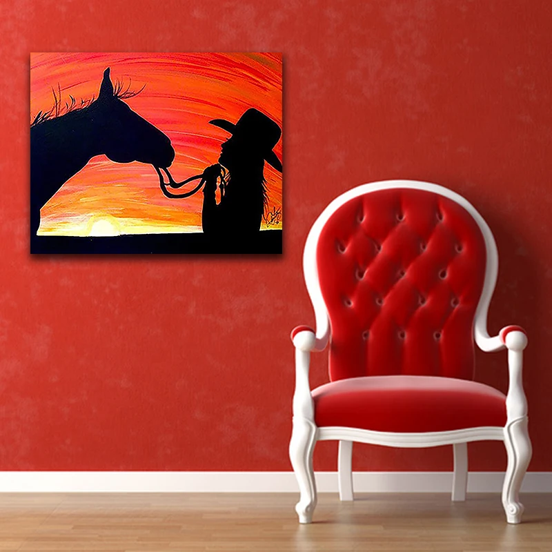 DIY картинки для раскраски по номерам с цветами лошадь и девушка в закате Картина
