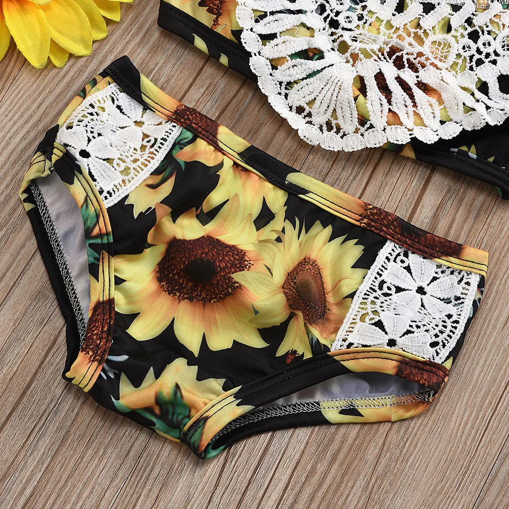 

Summer baby girl sunflower print suspender top print shorts swimsuit suit hanging neck fashion retro sexy children's swimwear