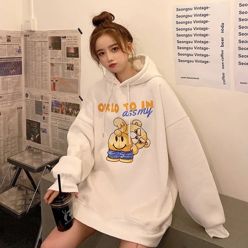

Harajuku Cartoon Bear Print Oversized Hooded Sweats Long Sleeve Autumn Warm Women's Clothing Teens Girls Hoodies Sweatshirts