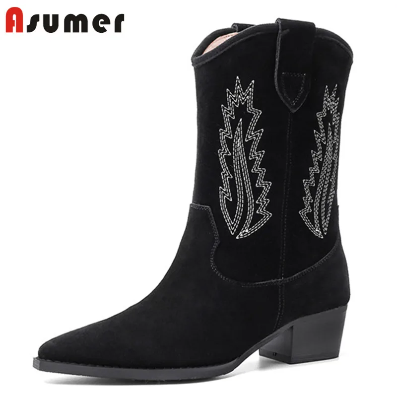 

ASUMER 2021 big size ankle boots women embroider pointed toe slip on autumn winter casual shoes woman european western boots
