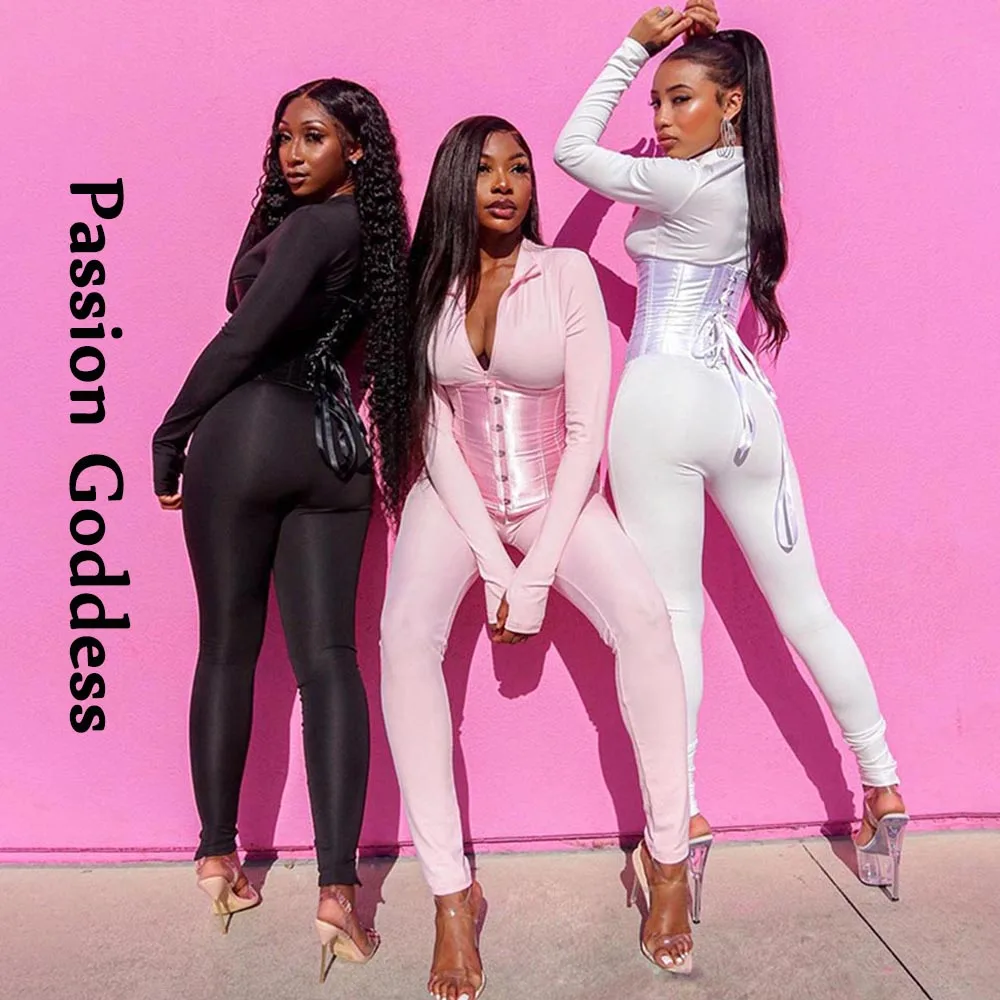 Комбинезон женский эластичный на молнии с длинным рукавом и корсетом | Женская