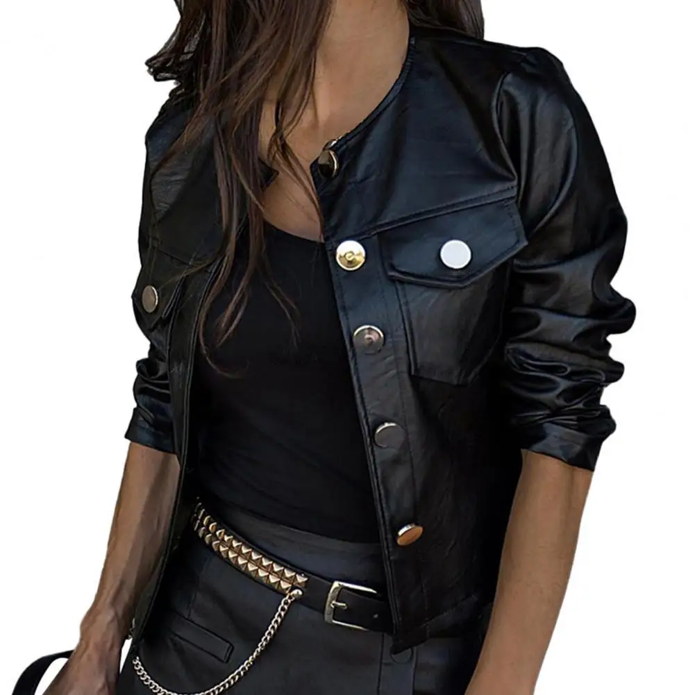 

Autumn Women Jacket Faux Leather Solid Color Slim Buttons Closure O-Neck Punk Style Motorcycle Short Jacket Windproof Outerwear