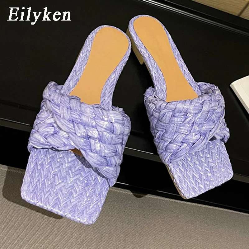 

Eilyken High Quality Fashion Handmade Weave Women Slippers Elegant Slides Square Toe Flat Heel New Summer Outdoor Casual Shoes