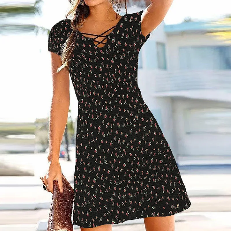 

Vintage Floral Print Women Mini Dress Casual Halter Hollow Out Sleeveless Dress Summer Lady Off Shoulder Slim Fit Party Dress