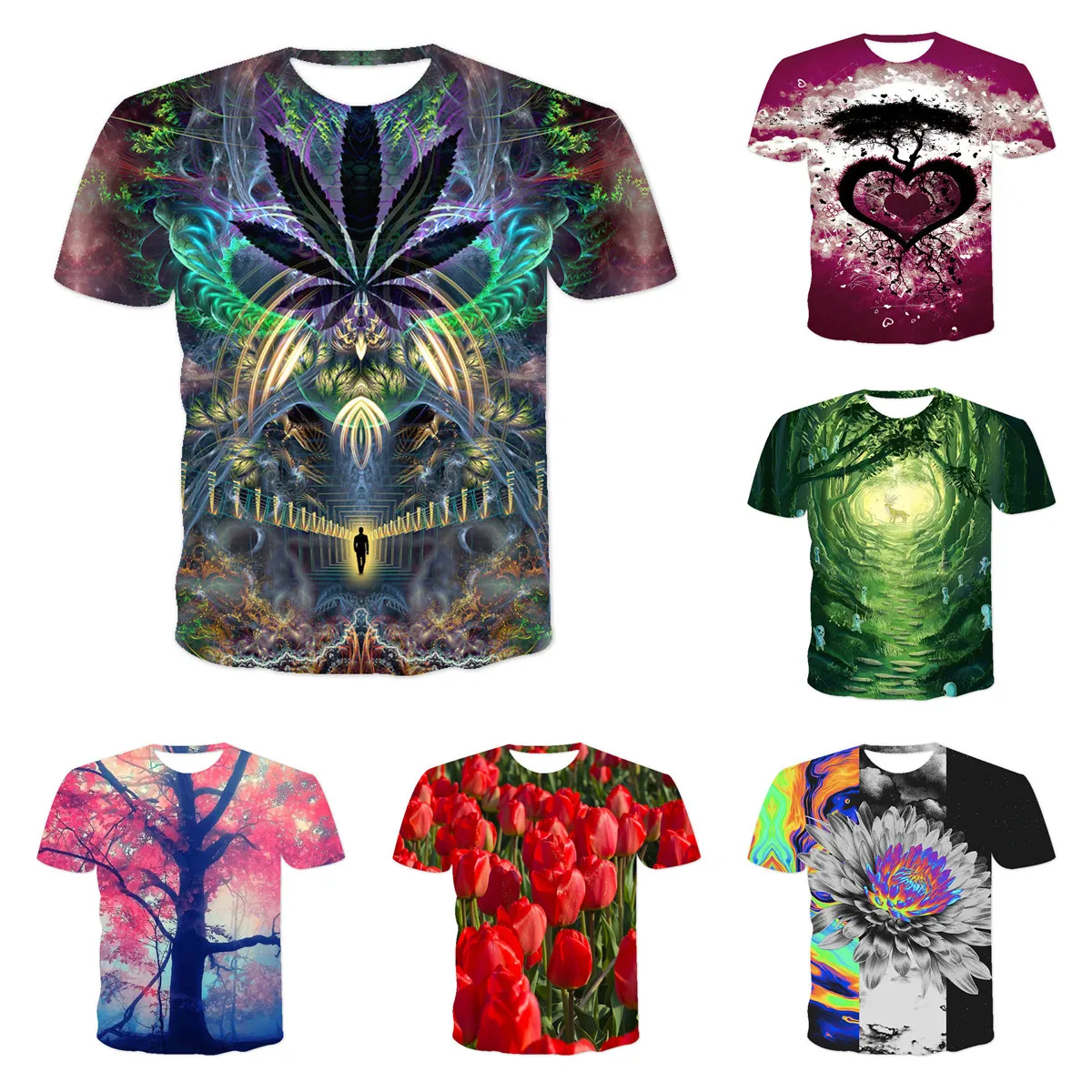 

2021 Summer Top Street Style Harajuku T-shirt Men's Fun T-shirt Short Diamond Pattern Landscape Camissa Men's Wear