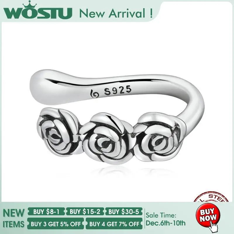 

WOSTU Mono earring 925 Sterling Silver Vintage Rose Flower Clip Earrings For Women S925 Ear Cuff Valentine Jewelry Gift FNE582