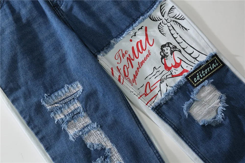 

UNCLEDONJM Cartoon jeans for men harajuku Distressed cargo jeans ripped jeans for men colour block anime print men jeans 973