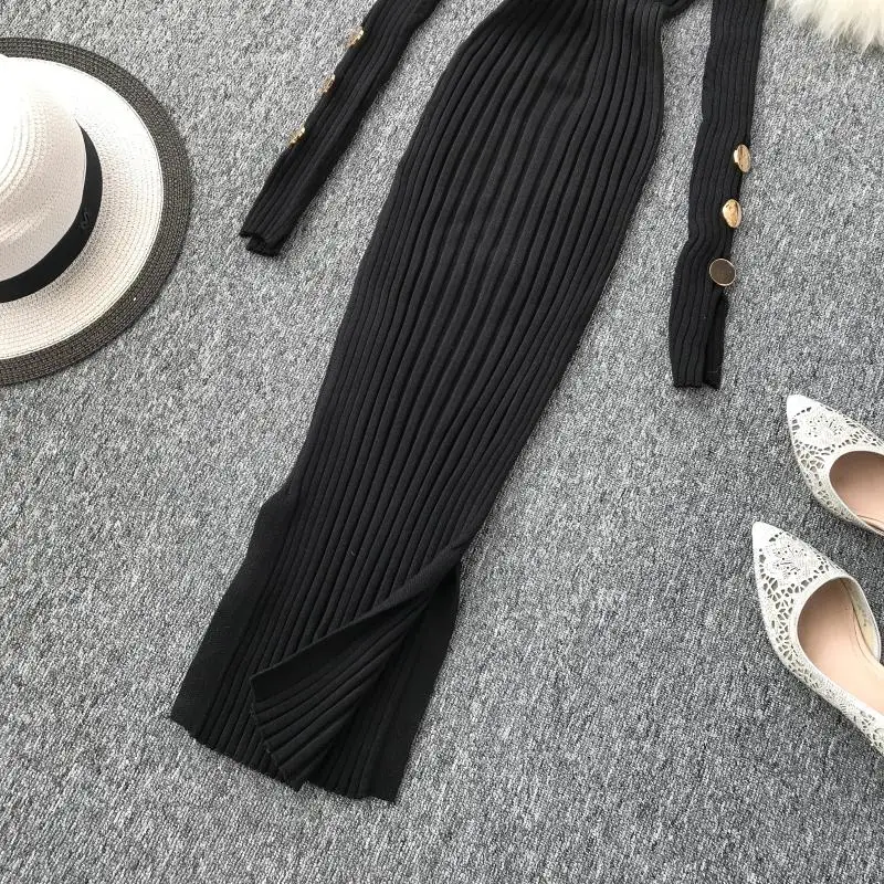 ALPHALMODA французское платье Популярные пуговицы рукав пуловеры туника платье вязаный свитер платье сплошное v-образным вырезом сексуальное платье шаг