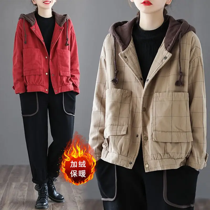 

Retro Plaid Cotton Short Coat Women's Long Sleeve Hooded Big Pockets Padded Thick Winter Jacket Mujer Chaqueta M2029