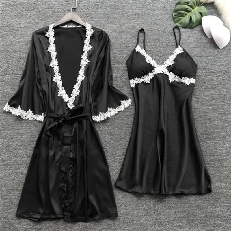 

2020 Women Satin Sleepwear 5 Pieces Pyjamas Sexy Lace Pajamas Sleep Lounge Pijama Silk Night Home Clothing Pajama Suit