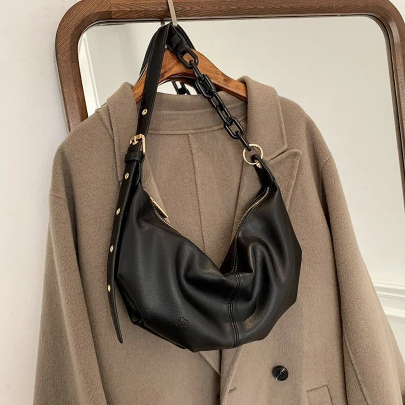 

Leather Bags For Women 2021 New Lady Crossbody Totes Bag Soft Leather Half Moon Satchels Female Capacity Casual Shoulder Bag