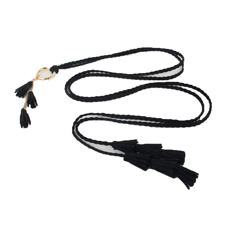 Дамы круглая пряжка Плетеный тощий пояс платье с кисточками поясные