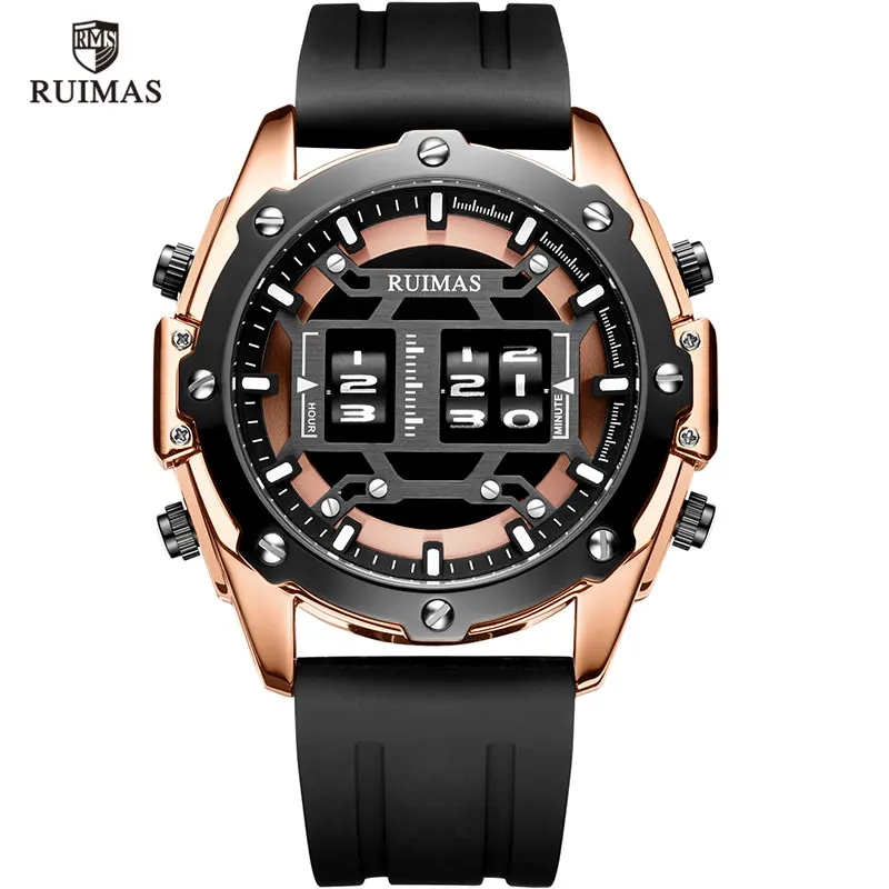 RN553G-Rose RUIMAS барабанный ролик часы Мужские лучший бренд класса люкс кварцевые цифровые наручные часы мужские Relogio Masculino новые военные часы мужские 553 - Цвет: RN553G-Rose