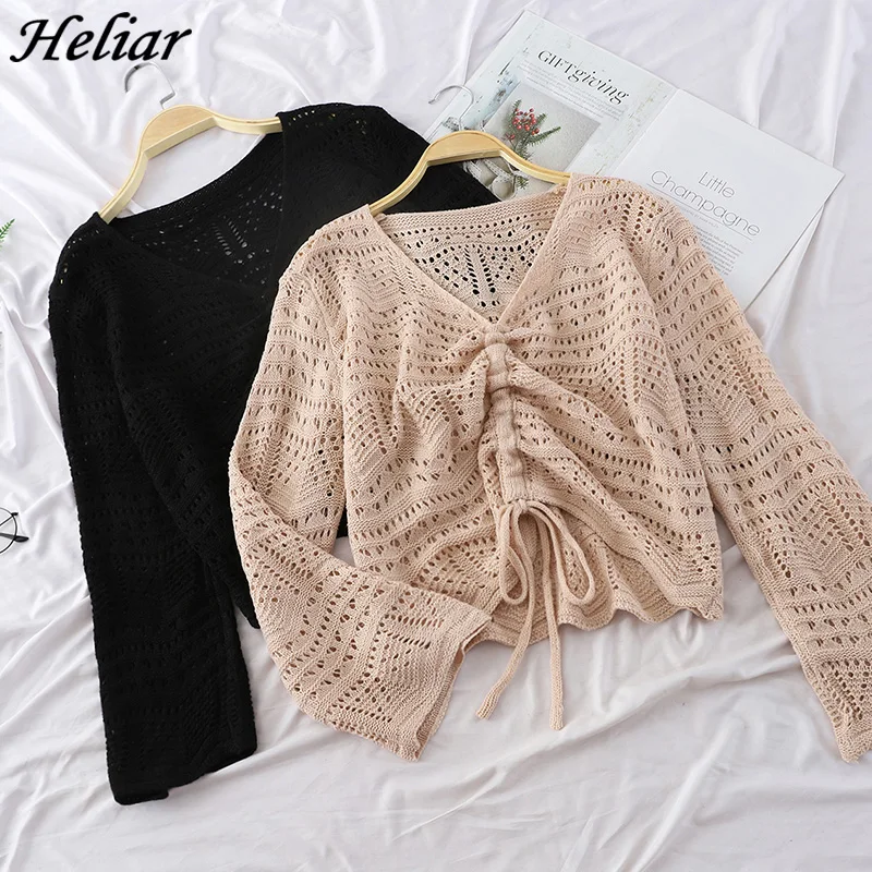 HELIAR Women 2020 Autumn Hollow Out Sweater V-Neck Drawstring Rope Design Long Sleeve Knitted Pullovers Loose For women | Женская одежда