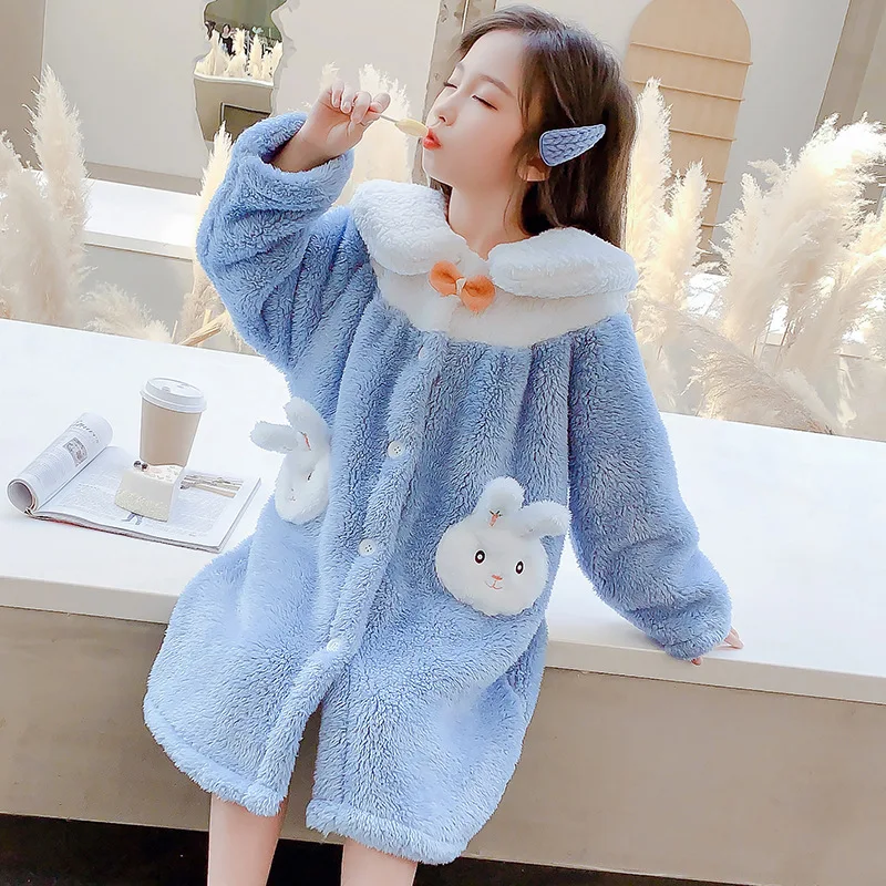 

Winter 2021 Kids Bath Robes New Fashion Teenage Single-breasted Warm Homewear Cartoon White Rabbit Flannel Princess Sleepwear
