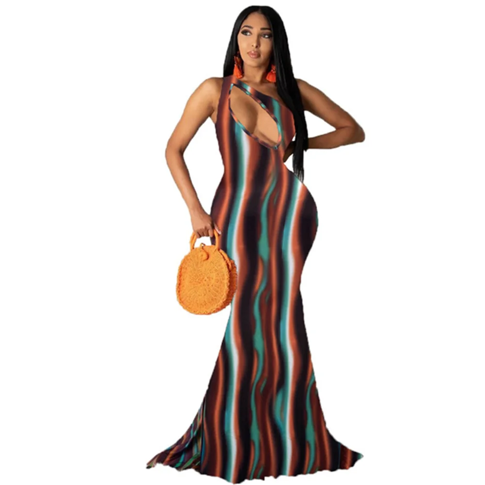 

RStylish Elegant Maxi Women's Dress Fashion Print Sexy Diagonal One -Shoulder Sleeveless Long Skirt Summer Club Hollow Out 2021